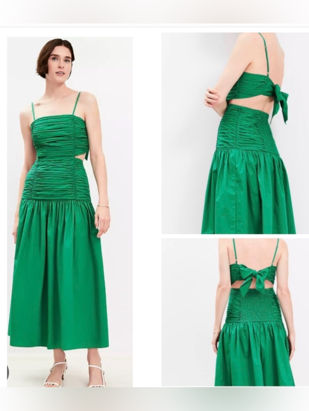 LOFT emerald green poplin cut out tie back ruched midi dress